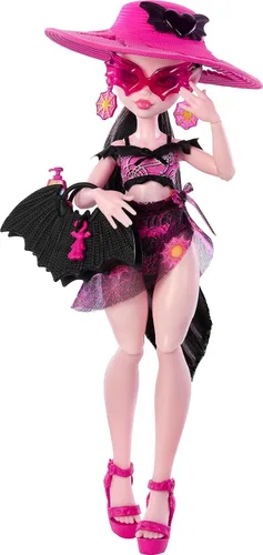 Vista 7 de Muñeca Monster High Scare-adise Island Clawdeen Wolf con traje de baño, pantalones deportivos y accesorios de playa como visera, botella de agua