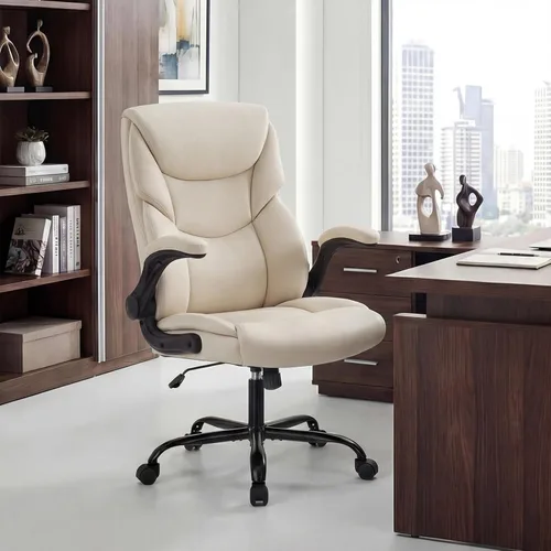 Vista 10 de OLIXIS Silla de escritorio de cuero PU, silla de oficina ergonómica, reposabrazos abatibles Negro