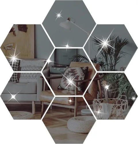 Vista 8 de Juego de calcomanías de pared para bricolaje, espejo hexagonal, decoración de sala de estar, dormitorio (dorado)