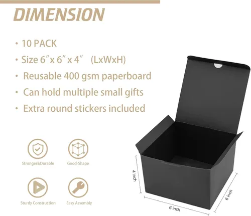 Vista 2 de opaprain Paquete de 10 cajas de regalo negras de 6 x 6 x 4 pulgadas con tapa, papel reciclable adecuado para bodas, festivales, regalos, graduación