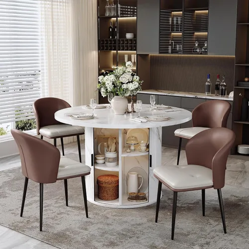 Vista 12 de Miereirl Juego de mesa y sillas de comedor moderno redondo, con una mesa de comedor de madera equipada con compartimentos de almacenamiento