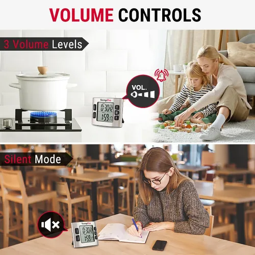 Vista 5 de ThermoPro TM02 - Temporizador digital de 24 horas con temporizadores de cocina duales para cocinar, cronómetros, reloj magnético con volumen