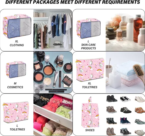 Vista 3 de BHAHB Juego de 7 cubos de embalaje para niños, organizadores de equipaje de viaje para maleta, accesorios de viaje con bolsa de zapatos para niños