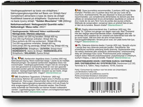 Vista 6 de Siberian Green Gotas secas Shilajit Pure de alta calidad Altai Golden Mountains - 120 unidades (200 mg) Auténtico certificado de seguridad y calidad