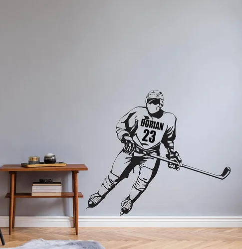 Vista 7 de Calcomanía de pared personalizada de jugador de hockey con nombre y número personalizados, arte de pared de vinilo para entusiastas