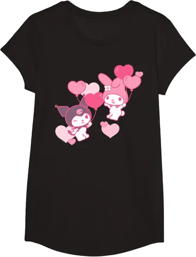 Vista 5 de Camiseta de My Melody y Kuromi con corazones del Día de San Valentín Negro