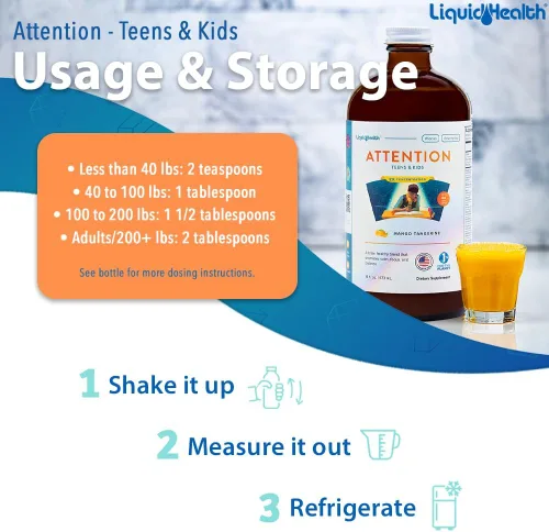 Vista 4 de LIQUIDHEALTH 16 oz Attention, Calm Kids Kids Teens Multivitamínico líquido para concentración, memoria, suplemento, concentración, apoyo vitamínico