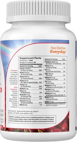Vista 2 de Zahler, Junior Multi, Suplemento mineral y multivitamínico óptimo para niños, las más deliciosas tabletas masticables sabor cereza, color y sabor
