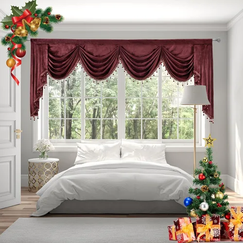 Vista 14 de Toppers Beige de Cortinas de Ventana para Sala de Estar - Cenefa de Cascada de Terciopelo para Dormitorio (1 Panel, 39 Pulgadas de Ancho, Marfil)