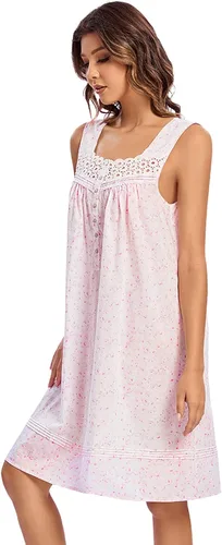 Vista 4 de FMIRREO Camisón de algodón para mujer, sin mangas, cómodo, ligero, ropa de dormir victoriana, fresca y acogedora