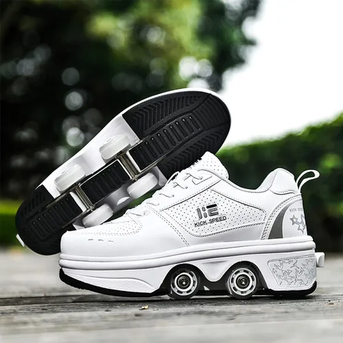 Vista 3 de Zapatos patines 2 en 1 con 4 ruedas retráctiles y zapatillas de deformación emergentes para deportes al aire libre y patinaje para niñas y niños