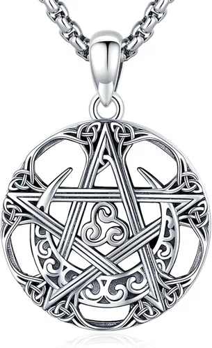 Vista 60 de Collar de pentagrama de plata de ley con triple luna, diosa celta, nudo celta, nudo de brujas, Ankh, sol y luna, Hécate, lilith, Santa Muerte