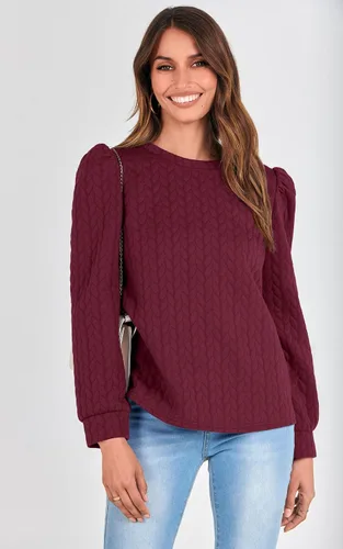 Vista 4 de PRETTYGARDEN Sudaderas de manga abullonada para mujer, para otoño, casual, cuello redondo, textura torcida sólida, sin botones