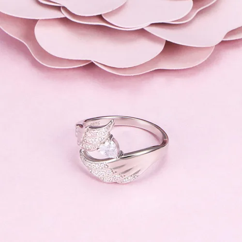 Vista 4 de Anillo de plata de ley 925 con alas de ángel y circonita cúbica gran pluma joyería para mujer