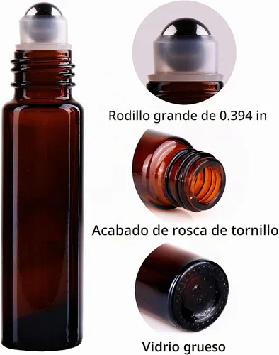 Vista 3 de inice 100 botellas de roll-on de 10 ml de vidrio ámbar para aceites esenciales con bolas de rodillo de acero inoxidable y tapa de aleación