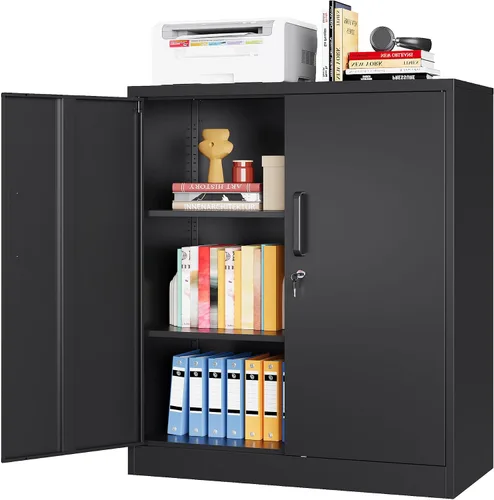 Vista 20 de Armario de almacenamiento de metal con 2 puertas y estantes ajustables, armario de metal ancho, gabinete de almacenamiento bajo, gabinete de acento