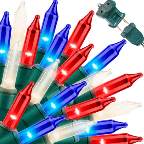 Vista 43 de LAMPHOME Guirnalda de luces LED de estrella roja, blanca y azul, 20 luces LED de hadas con cable transparente, 3 AA impermeables, 8 modos, luces