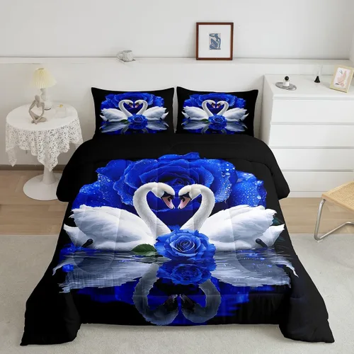 Vista 33 de Erosebridal Juego de ropa de cama de guepardo con rosa azul, juego de edredón con estampado de leopardo y gato, edredón romántico de plumón