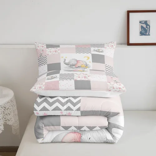 Vista 7 de Lindo juego de edredón de elefante, tamaño individual, juego de ropa de cama de dibujos animados Kawaii con flores de animales para niños y hombres