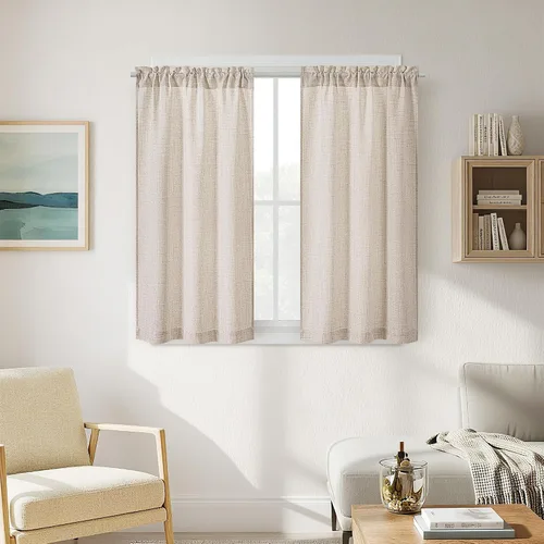 Vista 44 de Cortinas de cocina de lino semitransparente beige de 24 pulgadas de largo, 2 paneles Cream, Cafe Short Curtains, for Bathroom Small Windows, Light