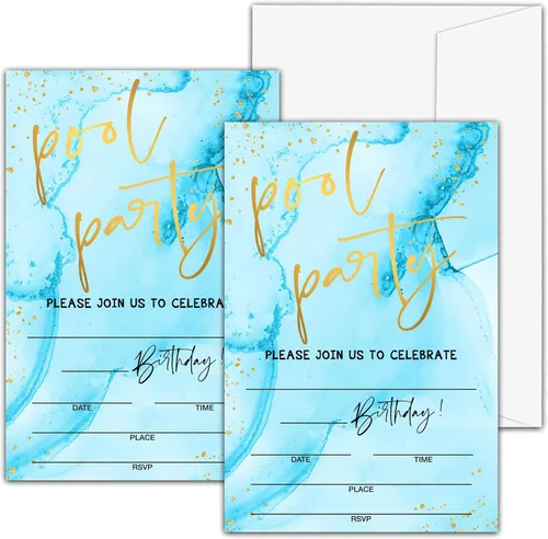 Vista 11 de Invitaciones de cumpleaños de playa A01 – Tarjetas de relleno para fiesta de cumpleaños número 13 para niños y niñas (20 invitaciones con 20 sobres)