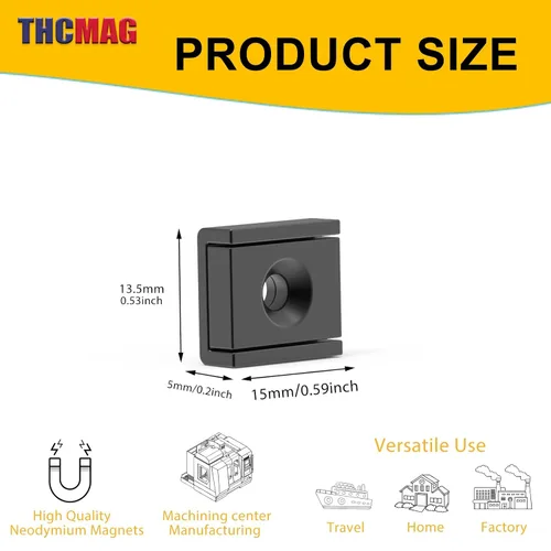 Vista 2 de Imanes rectangulares negros de neodimio de 16 libras con fuerza de tracción de 0.591 x 0.531 x 0.197 in, paquete de 16 con agujero avellanado
