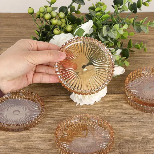 Vista 3 de JUXYES Juego de 5 posavasos de cristal tono ámbar redondos, tapetes para tazas de vidrio, posavasos para bebidas, café, té, vino, posavasos