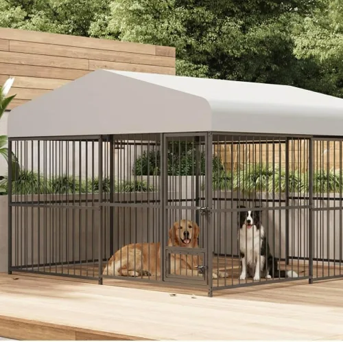 Vista 7 de Perrera resistente para perros de 8 x 4 x 6 pies con techo y cubierta bloqueable, jaula grande para todo tipo de clima, para perros medianos