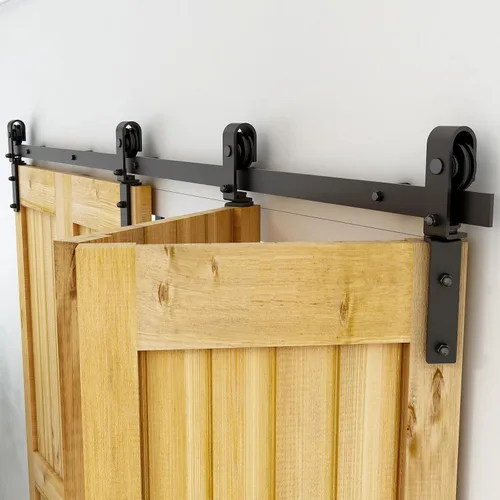 Vista 9 de CCJH - Kit de herrajes para puerta corredera plegable de granero de 30", para 2 puertas, se desliza suave y silenciosamente, riel negro