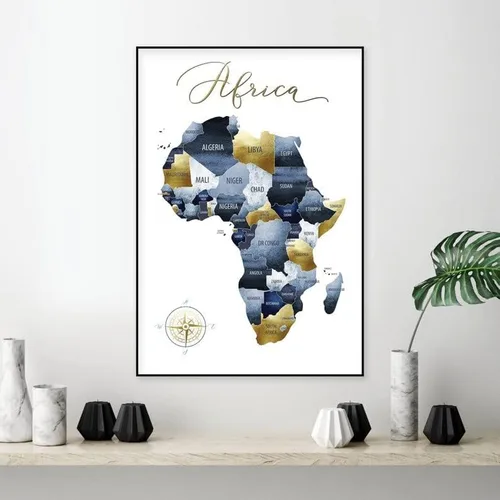 Vista 2 de ShopHaven Decoración africana, mapa de África, arte para pared, continente africano, azul marino y oro, 11 x 14 pulgadas, sin marco, decoración