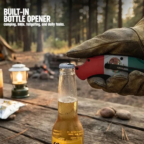 Vista 2 de SZCO Cuchillo de bolsillo plegable de 4.75 pulgadas con bandera mexicana, cuchillo plegable compacto para llevar todos los días con mango de bandera