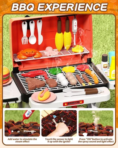 Vista 4 de 2026 Actualización 60 piezas Juego de Parrilla de Barbacoa para Niños con Humo Simulado, Juego de Cocina de Juguete para Niños de 4 a 8 años