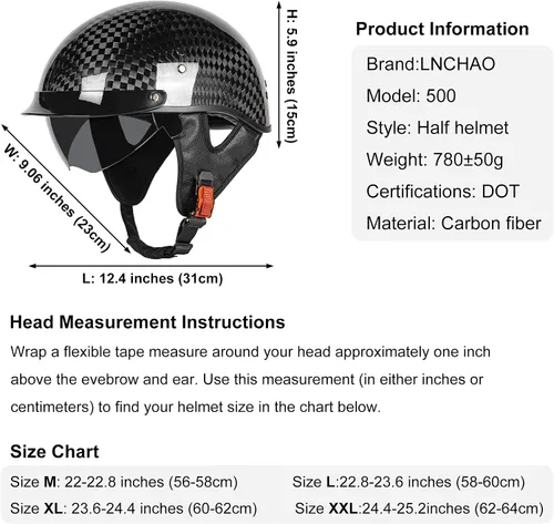 Vista 6 de Medio casco de motocicleta de fibra de carbono para adultos, hombres y mujeres, cascos retro de cara abierta aprobados por DOT con visera, diseño