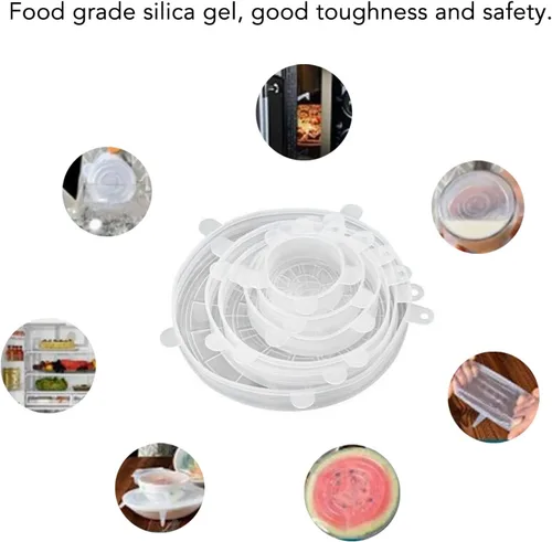 Vista 3 de 6 tapas elásticas de silicona, tapas redondas de silicona reutilizables resistentes a altas temperaturas, cubiertas de almacenamiento de alimentos