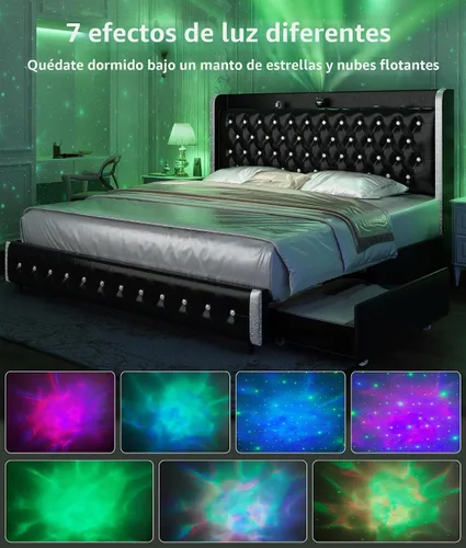 Vista 6 de GEGOFORU Base de cama Queen con luces LED y proyector de galaxia, moderna plataforma con respaldo alado con 4 cajones de almacenamiento, puertos