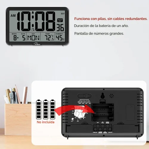 Vista 5 de WallarGe Reloj de pared digital de ajuste automático, funciona con pilas, relojes de escritorio con temperatura, humedad y fecha, reloj despertador