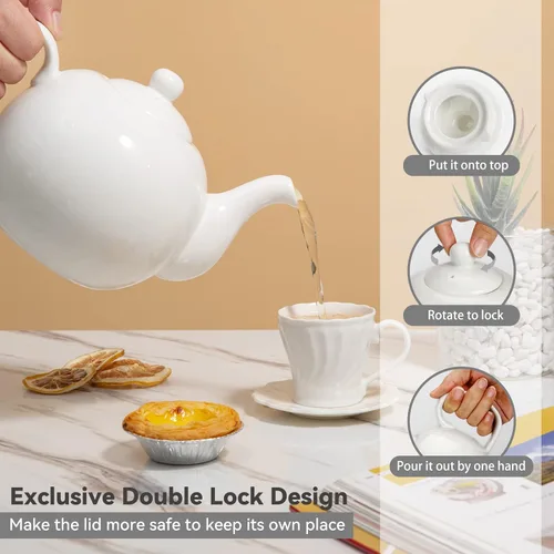 Vista 4 de KitchenTour - Ollas de té de porcelana inglesa -37 onzas para hojas sueltas y florecientes, olla de cerámica de porción fina con agujeros de colador