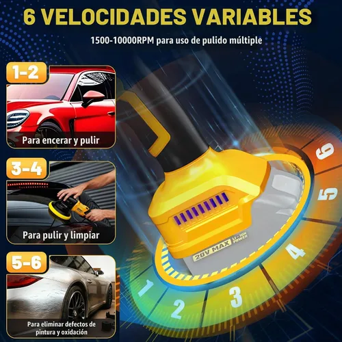 Vista 5 de Pulidora de búfer inalámbrica de 20 V con batería de 4000 mAh y cargador rápido, alta potencia de 10000 rpm, ajuste de 6 velocidades de doble