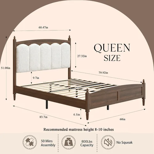 Vista 2 de Base de cama de madera tamaño Queen, cabecero copetudo de tela de peluche, sin ruido, cama de plataforma resistente de 800 libras con soporte