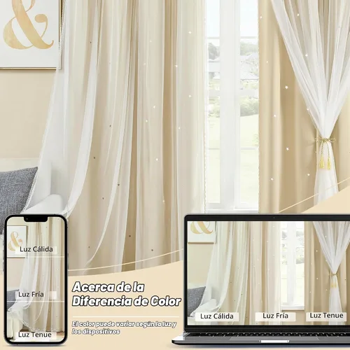 Vista 8 de XiDi - Cortinas beige con superposición transparente para sala de estar y dormitorio, ventana pequeña, 2 paneles, 80% de oscurecimiento, cortinas