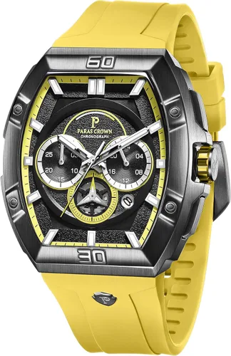 Vista 17 de Paras Crown Watches for Men Tonneau 5ATM Waterproof Quartz Luxury Chronograph Analog Men's Wrist Watches Stainless Steel Case Mens Watches Negro