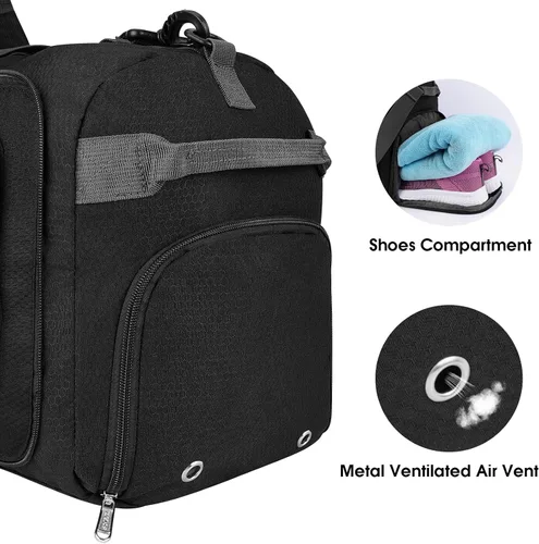 Vista 4 de WANDF Bolsa de lona plegable de 65 litros con bolsillo húmedo y compartimento para zapatos, lona de viaje para hombres y mujeres, resistente al agua