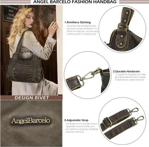 Vista 171 de Angel Barcelo - Bolsa de hombro amplia para mujer, diseño Hobo, cuero lavado