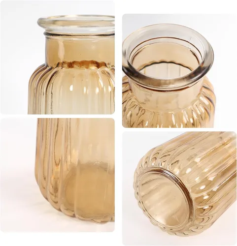 Vista 6 de Jarrón de cristal ámbar, florero acanalado de 8.7 pulgadas de alto para ramo, centro de mesa, decoración de mesa de comedor, jarrones transparentes
