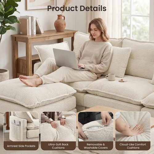 Vista 5 de Sofá de nube en forma de L de 73.5 pulgadas, sofá modular con mesa auxiliar otomana, sofá biplaza de pana con almohada, cómodo y moderno sofá