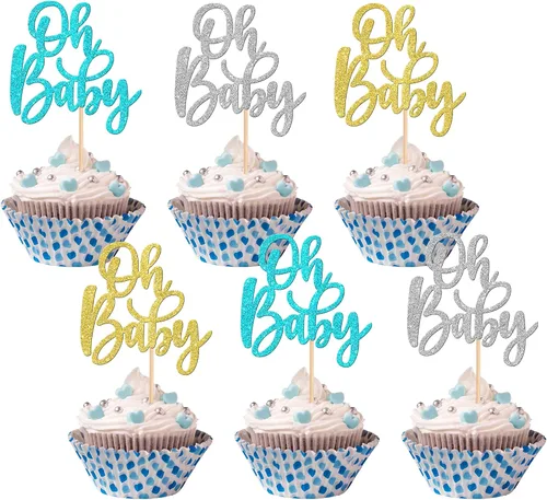 Vista 18 de 24 piezas Oh Baby Cupcake Toppers Glitter Baby Shower Cupcake Picks Reveal Género Decoración de Pasteles para Baby Shower Niños Niñas Fiesta de Azul