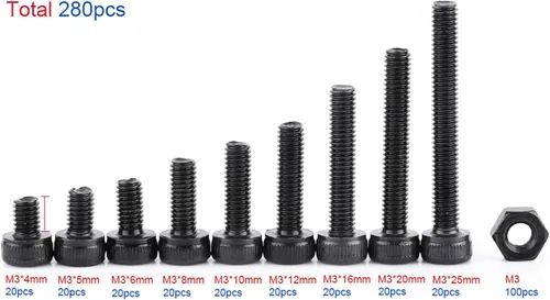 Vista 5 de Juego surtido de tornillos M3, 280 unidades, acero de aleación de grado 12.9, cabeza hexagonal, cabeza de botón, tornillos, tuercas y tornillos