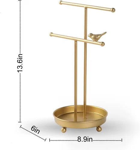 Vista 4 de SOFFEE DESIGN Estante organizador de torre de joyería de mesa, soporte organizador de barras en T dobles, soporte dorado para joyas con bandeja