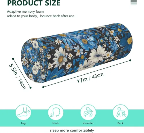 Vista 3 de Blue White Flowers Neck Pillow for Sleeping, Cervical Roll Memory Foam Pillows for Neck Pain Relief, Neck Support Round Pillows with Washable Cover