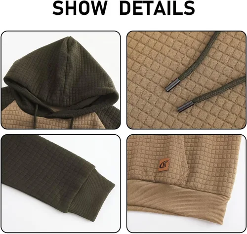Vista 4 de Sudadera de manga larga para hombre, con capucha con cordón, de jacquard a cuadros, estilo informal y hípster, con bolsillo de canguro